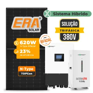 Gerador de Energia Solar Hibrido Luxpower com Bateria Sem Estrutura SGF 17,36KWP ERA BIF 620W HIBRIDO 15KW TRIF 380V DC48V BAT. LITIO 14,3kWh