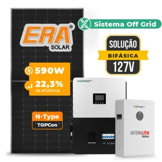 Gerador de Energia Solar Off Grid Interativo Luxpower Telhado Ondulado SGF 7,08KWP ERA 590W SNA-BR 5KW AC 127 BIFASICO DC48V BAT. LITIO 5,12kWh