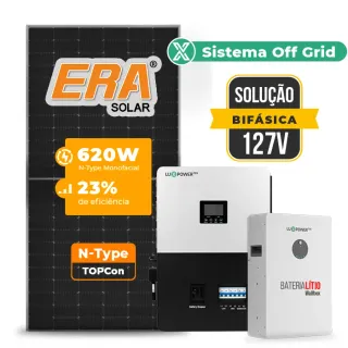 Gerador de Energia Solar Retrofit Luxpower Sem Estrutura SGF 1,24KWP ERA 620W SNA-BR 5KW AC 127 BIFASICO DC48V BAT. LITIO 5,12kWh