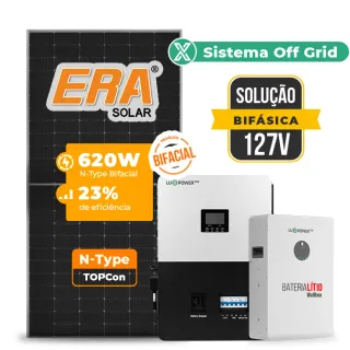 Gerador de Energia Solar Off Grid Interativo Luxpower Telhado Metálico Mini Trilho SGF 7,44KWP ERA BIF 620W SNA-BR 5KW AC 127 BIFASICO DC48V BAT. LITIO 5,12kWh