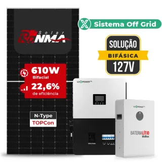 Gerador de Energia Solar Retrofit Luxpower Sem Estrutura SGF 1,22KWP RONMA 610W SNA-BR 5KW AC 127 BIFASICO DC48V BAT. LITIO 5,12kWh