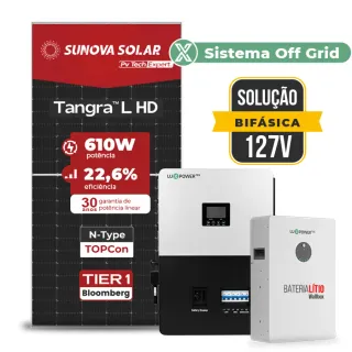 Gerador de Energia Solar Off Grid Interativo Luxpower Telhado Ondulado SGF 7,32KWP SUNOVA 610W SNA-BR 5KW AC 127 BIFASICO DC48V BAT. LITIO 5,12kWh