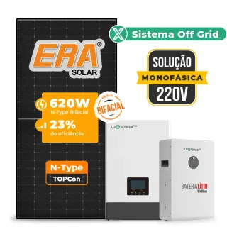 Gerador de Energia Solar Off Grid Interativo Luxpower Telhado Cerâmico Gancho SGF 7,44KWP ERA BLACK 620W WPV 5KW AC 220 MONO DC48V BAT. LITIO 5,12kWh