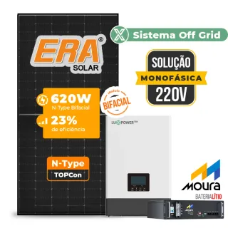 Gerador de Energia Solar Off Grid Interativo Luxpower Telhado Cerâmico Gancho SGF 7,44KWP ERA BLACK 620W WPV 5KW AC 220 MONO DC48V BAT. LITIO 4,8kWh