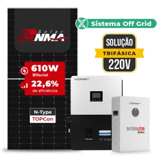 Gerador de Energia Solar Retrofit Luxpower Sem Estrutura SGF 2,44KWP RONMA 610W SNA-BR 5KW AC TRIF. 220V DC48V BAT. LITIO 15,36kWh