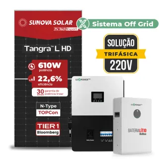 Gerador de Energia Solar Off Grid Interativo Luxpower Telhado Ondulado SGF 19,52KWP SUNOVA 610W SNA-BR 5KW AC TRIF. 220V DC48V BAT. LITIO 15,36kWh