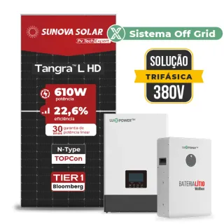 Gerador de Energia Solar Off Grid Interativo Luxpower Telhado Ondulado SGF 26,84KWP SUNOVA 610W WPV 5KW AC TRIF. 380V DC48V BAT. LITIO 20,48kWh