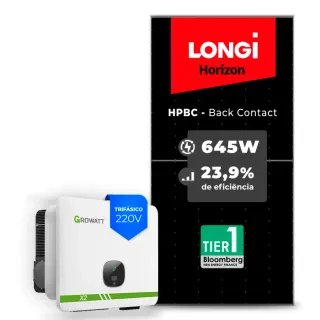 Gerador de Energia Solar On Grid Growatt Sem Estrutura SGF 16,77KWP LONGI 645W HPBC MID XL2 15KW 4MPPT TRIF 220V