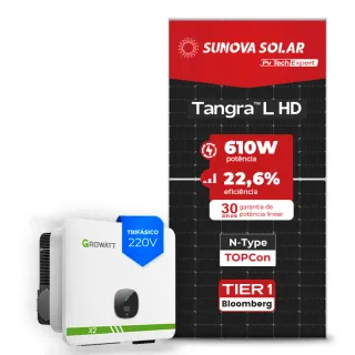Gerador de Energia Solar On Grid Growatt Solo Mesa 8 Painéis SGF 15,86KWP SUNOVA N-TYPE MONO 610W MID XL2 15KW 4MPPT TRIF 220V