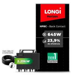 Gerador de Energia Solar Microinversor Growatt Telhado Fibro Parafuso Madeira SGF 2,58KWP LONGI 645W HPBC NEO 2.25KW 4MPPT MONO 220V COM CABO