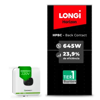 Gerador de Energia Solar On Grid Growatt Telhado Fibro Parafuso Metal SGF 3,87KWP LONGI 645W HPBC MIC X2 3KW 1MPPT MONO 220V