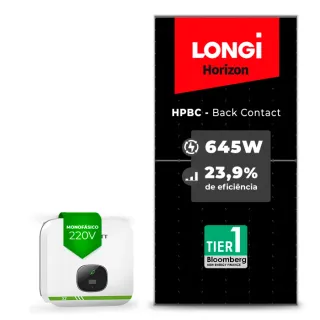 Gerador de Energia Solar On Grid Growatt Telhado Fibro Parafuso Metal SGF 5,16KWP LONGI 645W HPBC MIN X2 5KW 2MPPT MONO 220V
