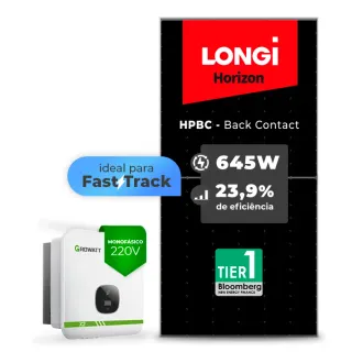 Gerador de Energia Solar On Grid Growatt Telhado Fibro Parafuso Metal SGF 6,45KWP LONGI 645W HPBC MIN X2 7.5KW 2MPPT FAST TRACK MONO 220V