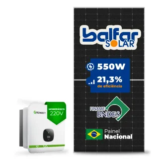 Gerador de Energia Solar On Grid Growatt Solo Mesa 8 Painéis SGF 7,70KWP BALFAR FINAME 550W MIN X2 8KW 3MPPT MONO 220V