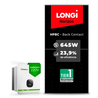 Gerador de Energia Solar On Grid Growatt Solo Mesa 8 Painéis SGF 9,03KWP LONGI 645W HPBC MIN X2 8KW 3MPPT MONO 220V
