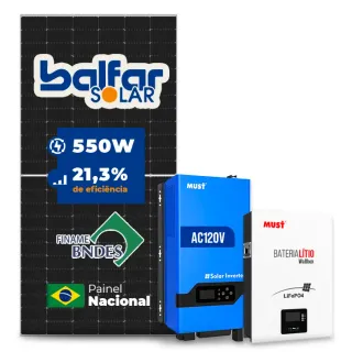 Gerador de Energia Solar Off Grid Interativo Must Sem Estrutura SGF 4,4KWP FINAME 550W PV29 LHP 5KW AC120V DC48V BAT. LITIO 5.12KWH 100A