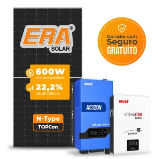 Gerador de Energia Solar Off Grid Interativo Must Telhado Fibro Parafuso Metal SGF 2,4KWP ERA 600W LVHM 2KW AC120V DC48V BAT. LITIO 2.56KWH 50A