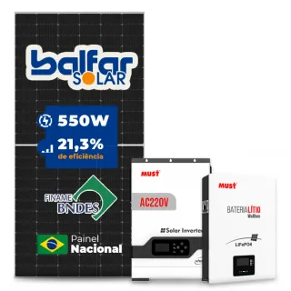 Gerador de Energia Solar Off Grid Interativo Must Sem Estrutura SGF 4,4KWP FINAME 550W PV29 HP 5KW AC220V DC48V BAT. LITIO 5.12KWH 100A
