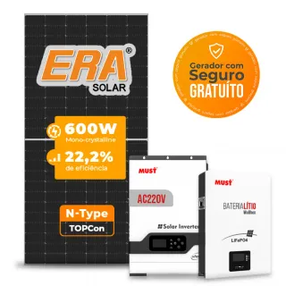 Gerador de Energia Solar Off Grid Interativo Must Telhado Fibro Parafuso Madeira SGF 2,4KWP ERA 600W VHM 2KW AC220V DC48V BAT. LITIO 2.56KWH 50A