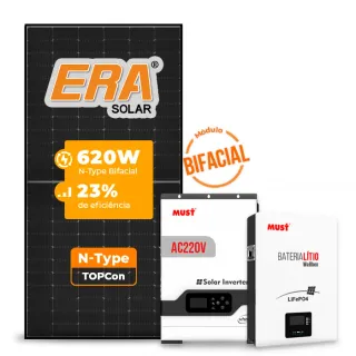 Gerador de Energia Solar Off Grid Interativo Must Telhado Cerâmico Gancho SGF 4,96KWP ERA BLACK 620W PV29 HP 5KW AC220V DC48V BAT. LITIO