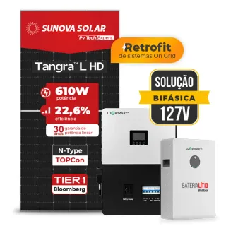 Gerador de Energia Solar Retrofit Luxpower Sem Estrutura SGF 1,22KWP SUNOVA 610W SNA-BR 5KW AC 127 BIFASICO DC48V BAT. LITIO 5,12kWh