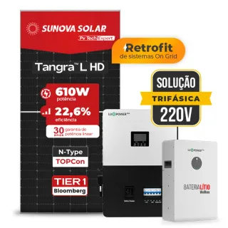 Gerador de Energia Solar Retrofit Luxpower Sem Estrutura SGF 2,44KWP SUNOVA 610W SNA-BR 5KW AC TRIF. 220V DC48V BAT. LITIO 15,36kWh