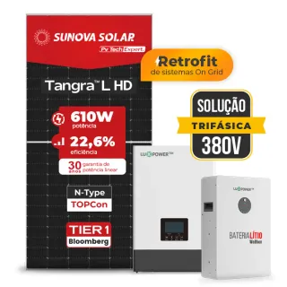Gerador de Energia Solar Retrofit Luxpower Sem Estrutura SGF 3,66KWP SUNOVA 610W WPV 5KW AC TRIF. 380V DC48V BAT. LITIO 20,48kWh