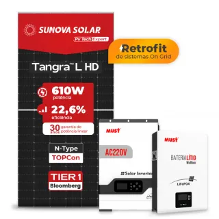 Gerador de Energia Solar Retrofit Must Sem Estrutura SGF 1,22KWP SUNOVA 610W PV29 HP 5KW AC220V DC48V BAT. LITIO 5.12KWH 100A