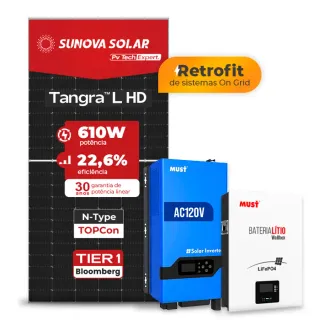 Gerador de Energia Solar Retrofit Must Sem Estrutura SGF 1,22KWP SUNOVA 610W PV29 LHP 5KW AC120V DC48V BAT. LITIO 5.12KWH 100A