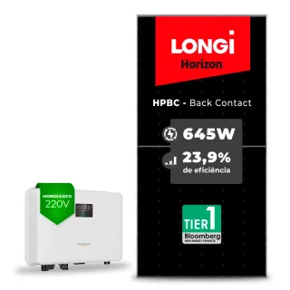 Gerador de Energia Solar On Grid Sungrow Solo Mesa 8 Painéis SGF 5,16KWP LONGI 645W HPBC SG RS-L 3KW 1MPPT MONO 220V