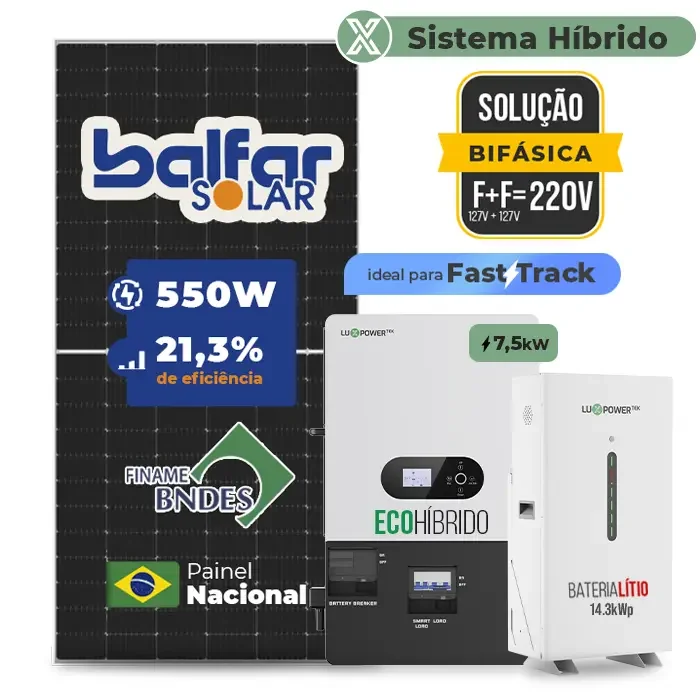 Gerador de Energia Solar Hibrido Luxpower com Bateria Laje Inclinação SGF 8,8KWP FINAME 550W ECO HIBRIDO 7.5KW 220V DC48V BAT. LITIO 14,3kWh