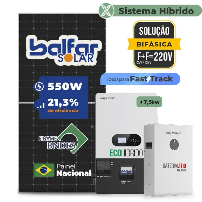 Gerador de Energia Solar Hibrido Luxpower com Bateria Laje Inclinação SGF 8,8KWP FINAME 550W ECO HIBRIDO 7.5KW 220V DC48V BAT. LITIO 10,24kWh