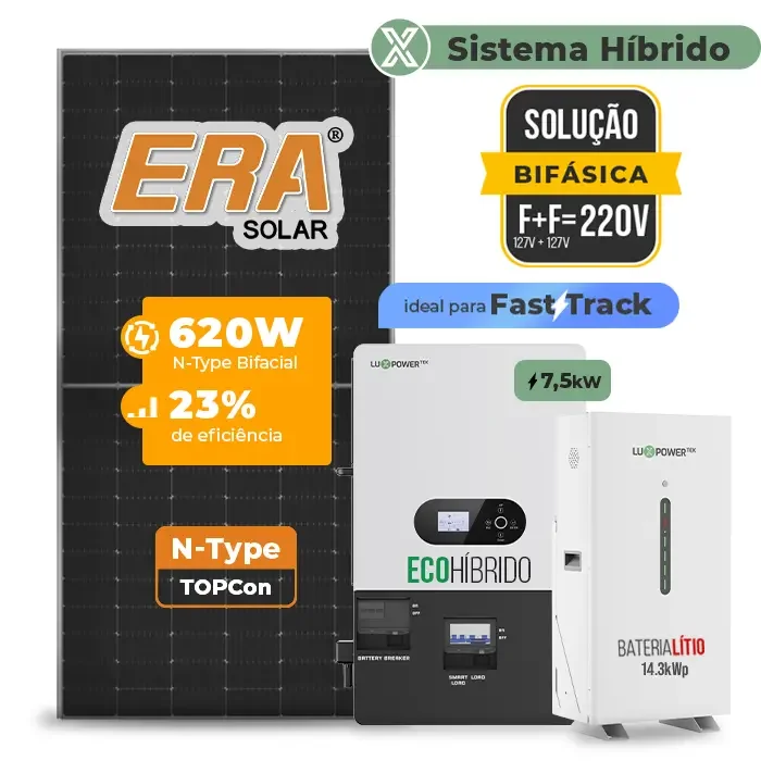 Gerador de Energia Solar Hibrido Luxpower com Bateria Laje Inclinação SGF 7,44KWP ERA BIF 620W ECO HIBRIDO 7.5KW 220V DC48V BAT. LITIO 14,3kWh