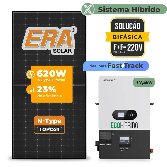 Gerador de Energia Solar Hibrido Luxpower sem Bateria Laje Inclinação SGF 11,16KWP ERA BLACK 620W ECO HIBRIDO 7.5KW 220V DC48V SEM BATERIA