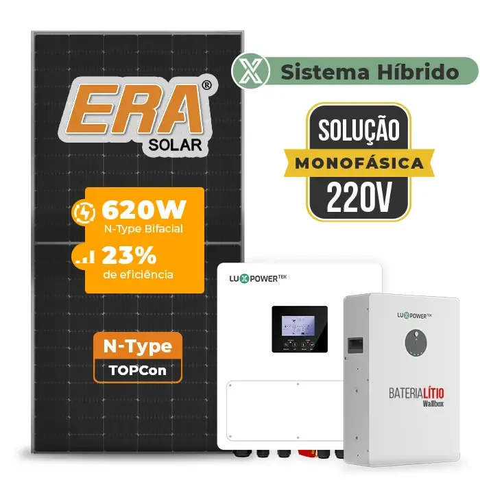 Gerador de Energia Solar Hibrido Luxpower com Bateria Telhado Cerâmico Gancho SGF 9,92KWP ERA BIF 620W SNA 6KW MONO 220V DC48V BAT. LITIO 5,12kWh