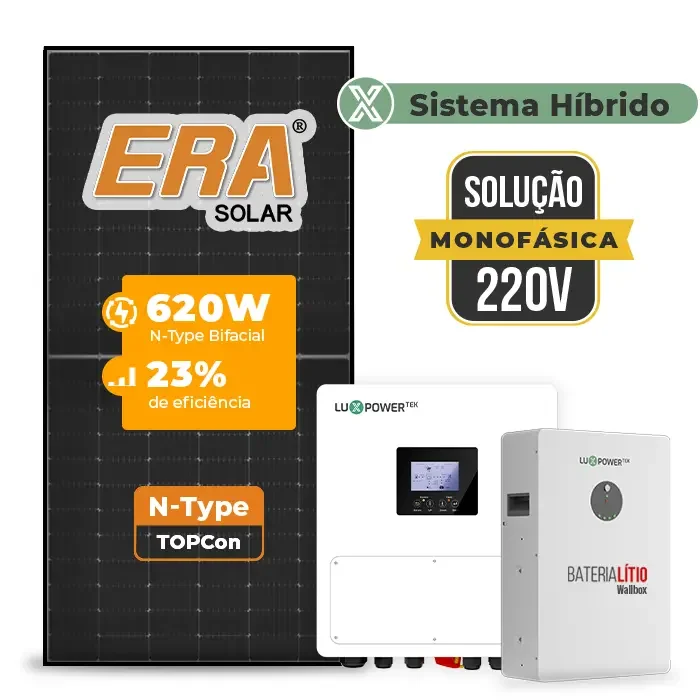 Gerador de Energia Solar Hibrido Luxpower com Bateria Telhado Cerâmico Gancho SGF 9,92KWP ERA BLACK 620W SNA 6KW MONO 220V DC48V BAT. LITIO 5,12kWh