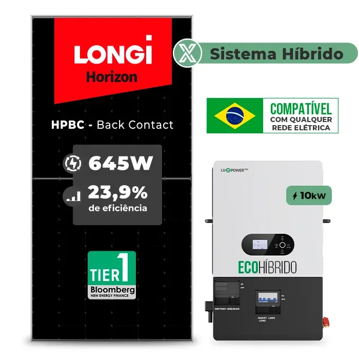 Gerador de Energia Solar Hibrido Luxpower sem Bateria Sem Estrutura SGF 15,48KWP LONGI 645W ECO HIBRIDO 10KW 220V DC48V SEM BATERIA