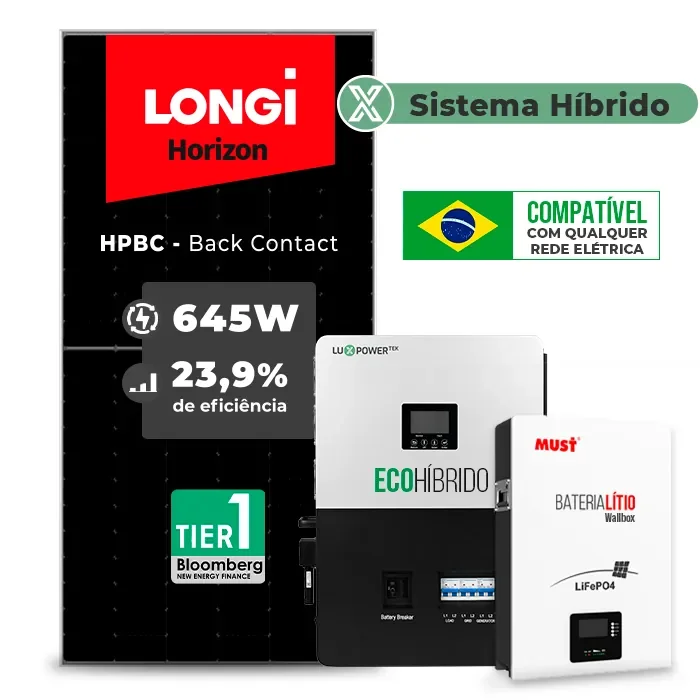 Gerador de Energia Solar Hibrido Luxpower com Bateria Sem Estrutura SGF 9,03KWP LONGI 645W ECO HIBRIDO 5KW 220V DC48V BAT. LITIO 5,12kWh