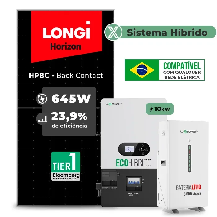 Gerador de Energia Solar Hibrido Luxpower com Bateria Telhado Cerâmico Gancho SGF 18,06KWP LONGI 645W ECO HIBRIDO 10KW 220V DC48V BAT. LITIO 14,3kWh