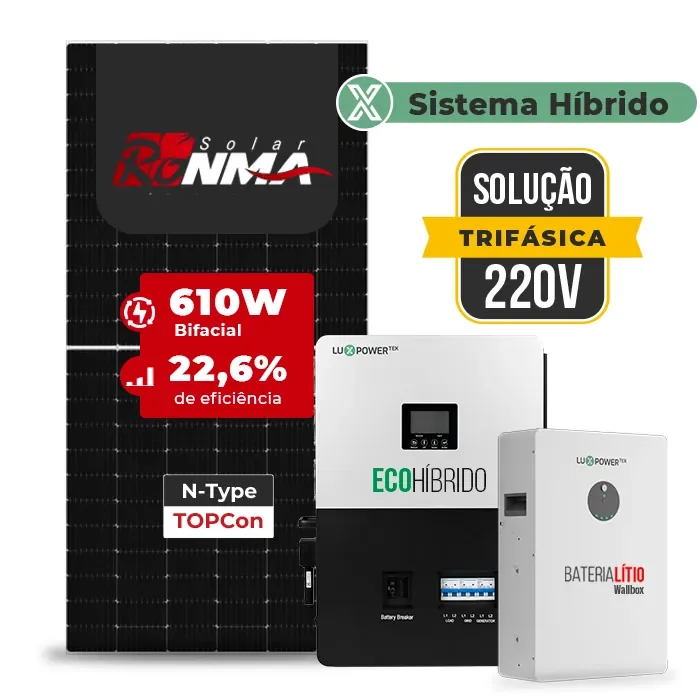 Gerador de Energia Solar Hibrido Luxpower Sem Estrutura SGF 22,4KWP ERA 700W SNA-BR-E 5KW AC TRIF. 220V DC48V BAT. LITIO 15,36kWh