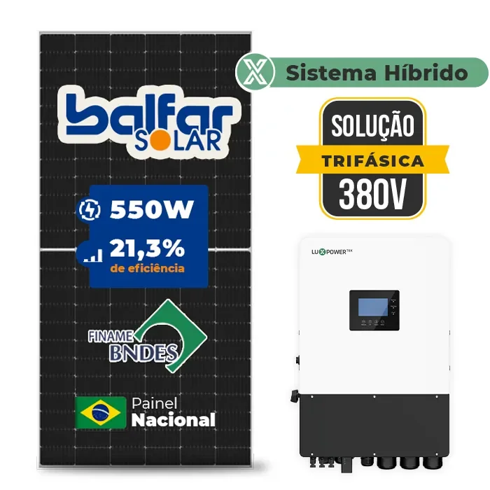 Gerador de Energia Solar Hibrido Luxpower sem Bateria Telhado Fibro Parafuso Madeira SGF 17,6KWP FINAME 550W HIBRIDO 15KW TRIF 380V DC48V SEM BATERIA