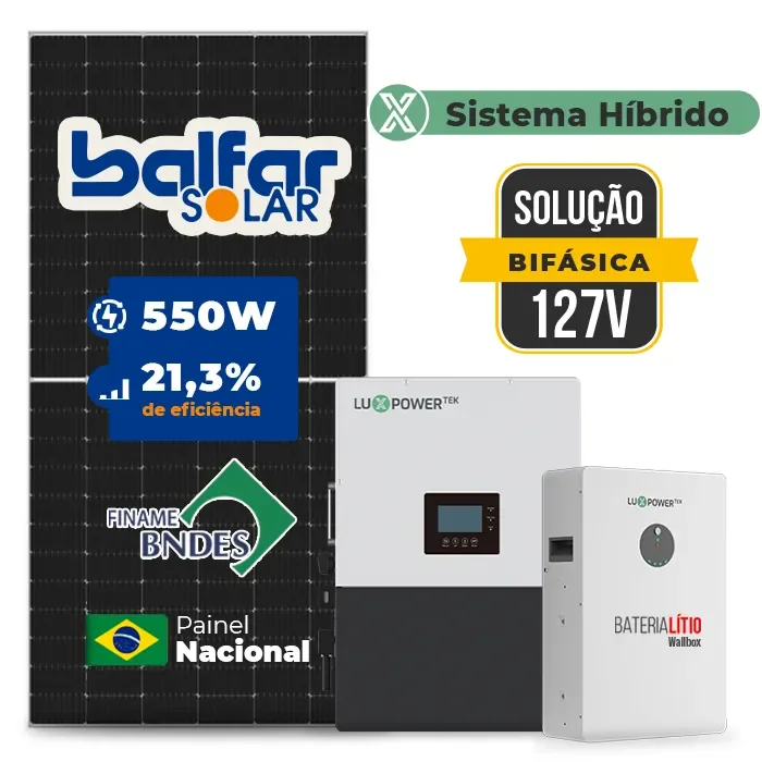 Gerador de Energia Solar Hibrido Luxpower Sem Estrutura SGF 15,4KWP FINAME 550W LXP-LB-BR 10KW AC 127 BIFASICO DC48V BAT. LITIO 15,36kWh