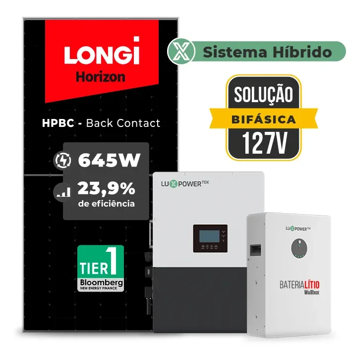 Gerador de Energia Solar Hibrido Luxpower Telhado Fibro Parafuso Metal SGF 15,48KWP LONGI 645W HPBC LXP-LB-US 10KW AC 127 BIFASICO DC48V