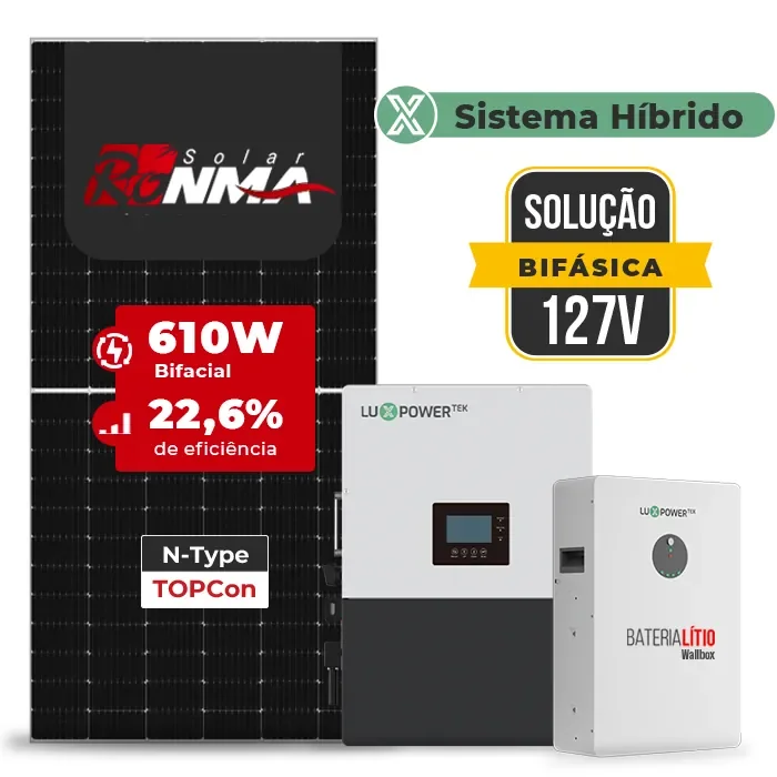 Gerador de Energia Solar Hibrido Luxpower Telhado Fibro Parafuso Madeira SGF 7,32KWP RONMA 610W LXP-LB-BR 5KW AC 127 BIFASICO DC48V BAT. LITIO 5,12kWh