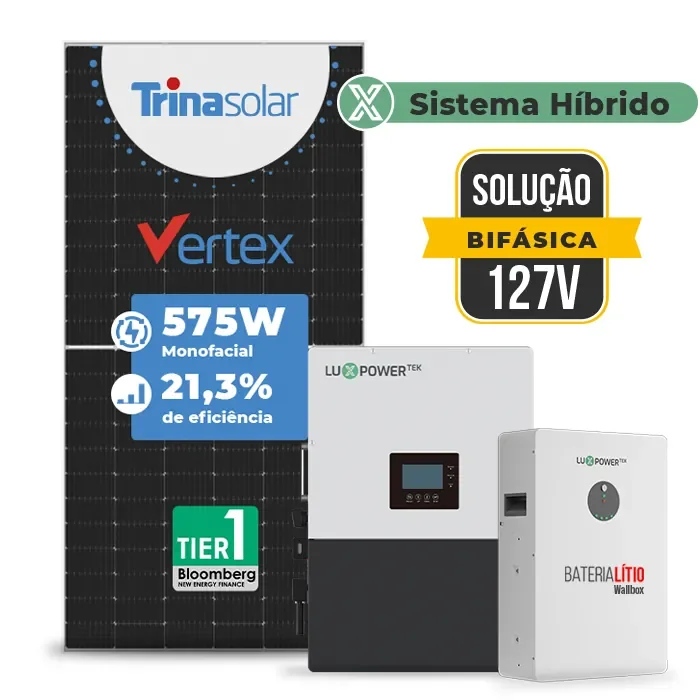 Gerador de Energia Solar Hibrido Luxpower Sem Estrutura SGF 6,9KWP TRINA 575W LXP-LB-BR 5KW AC 127 BIFASICO DC48V BAT. LITIO 5,12kWh