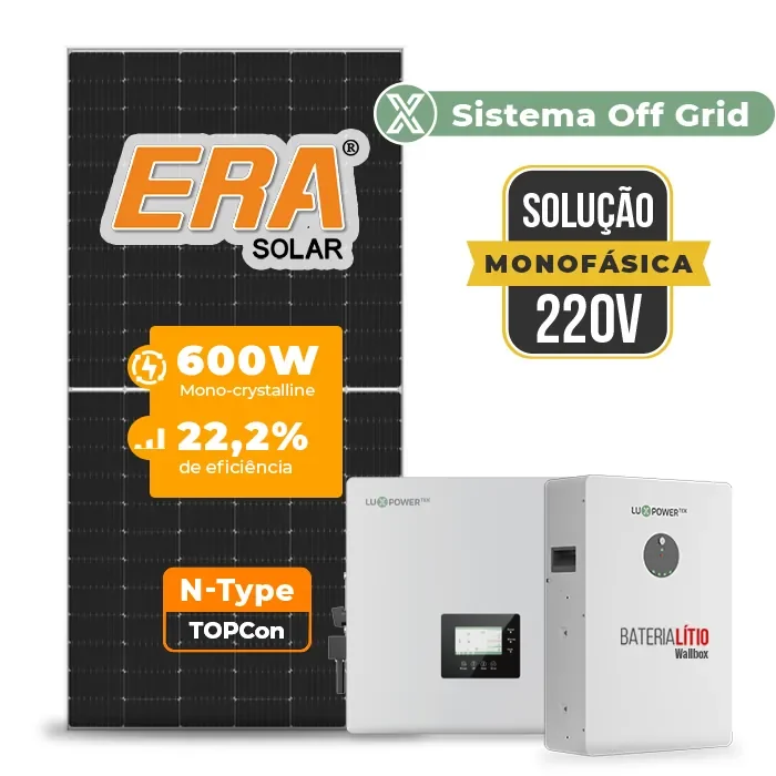 Gerador de Energia Solar Off Grid Interativo Luxpower Telhado Fibro Parafuso Madeira SGF 16,8KWP ERA 600W GEN-LB-EU 10KW AC 220 MONO DC48V BAT. LITIO 15,36kWh