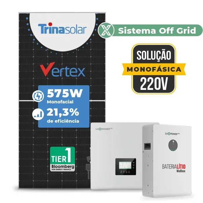 Gerador de Energia Solar Off Grid Interativo Luxpower Sem Estrutura SGF 16,1KWP TRINA 575W GEN-LB-EU 10KW AC 220 MONO DC48V BAT. LITIO 15,36kWh