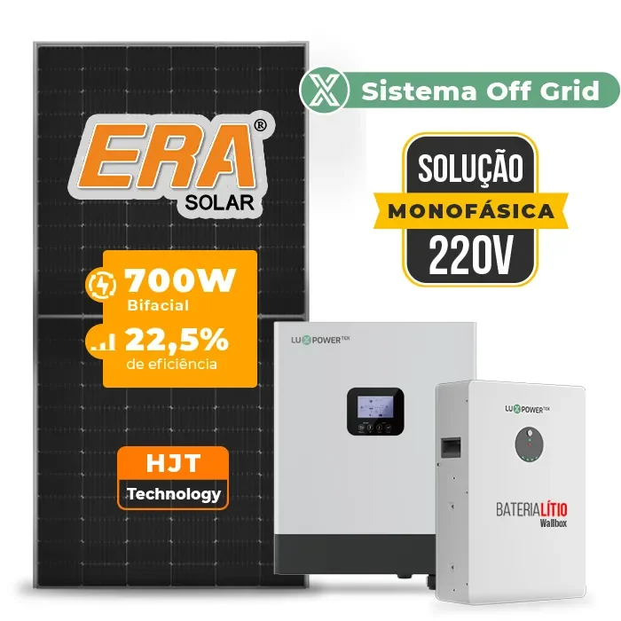 Gerador de Energia Solar Hibrido Luxpower Telhado Fibro Parafuso Madeira SGF 8,4KWP ERA 700W GEN-LB-EU 5KW AC 220 MONO DC48V BAT. LITIO 5,12kWh