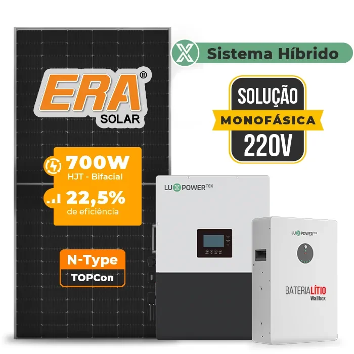 Gerador de Energia Solar Hibrido Luxpower Telhado Cerâmico Gancho SGF 8,4KWP ERA 700W LXP-LB-BR 5KW AC 220V MONO DC48V BAT. LITIO 5,12kWh
