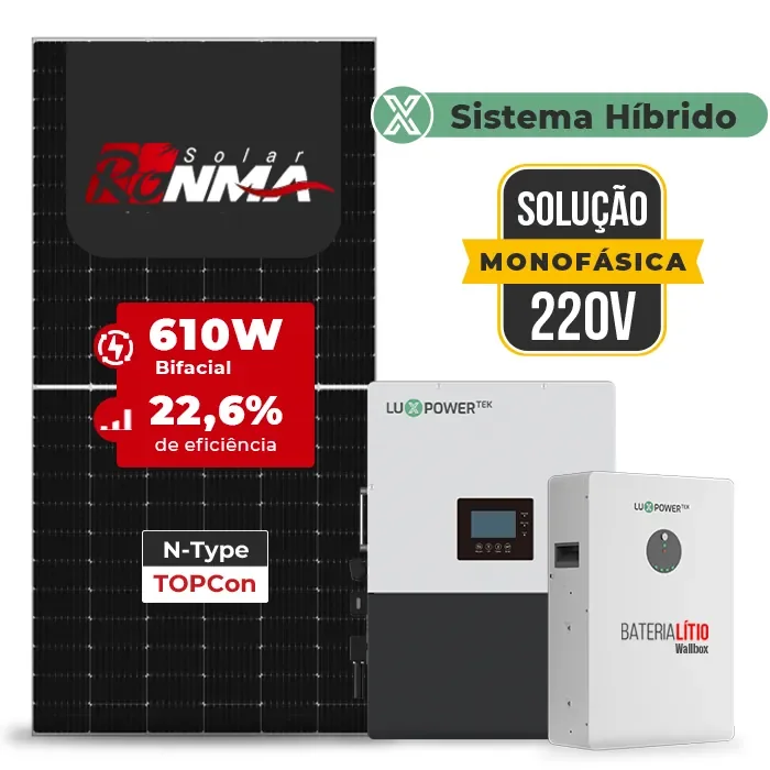 Gerador de Energia Solar Hibrido Luxpower Telhado Metálico Mini Trilho SGF 9,76KWP RONMA 610W LXP-LB-BR 5KW AC 220V MONO DC48V BAT. LITIO 5,12kWh